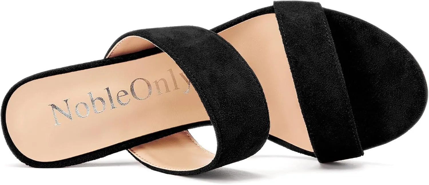 NobleOnly Womens Round Open Toe Heeled Sandals Two Strap Stiletto High Heel Sandals Backless Dress Slip-on Mules Sandals 3.9 Inches Heels
