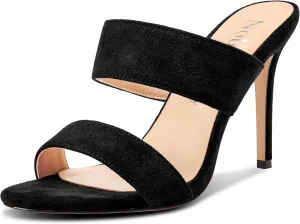 NobleOnly Womens Round Open Toe Heeled Sandals Two Strap Stiletto High Heel Sandals Backless Dress Slip-on Mules Sandals 3.9 Inches Heels