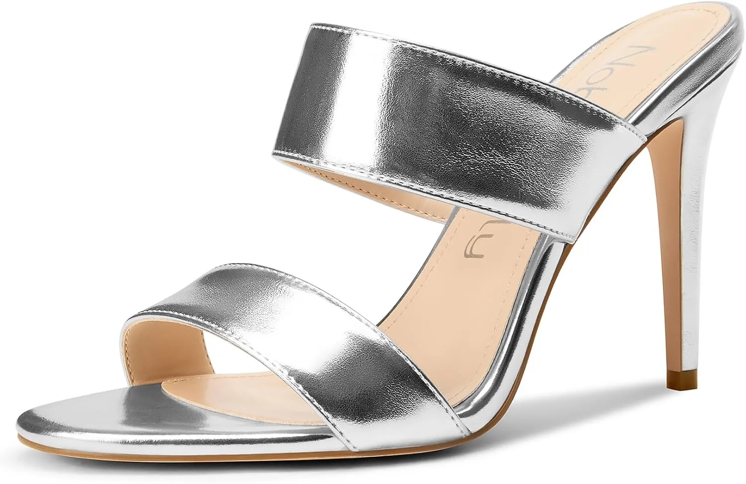 NobleOnly Womens Round Open Toe Heeled Sandals Two Strap Stiletto High Heel Sandals Backless Dress Slip-on Mules Sandals 3.9 Inches Heels