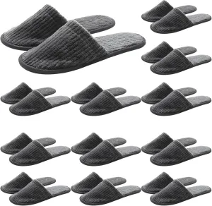 Non-Slip Coral Fleece Slippers, 12 Pairs, Disposable, Gray Stripe, Ideal For Hotels & Guestrooms