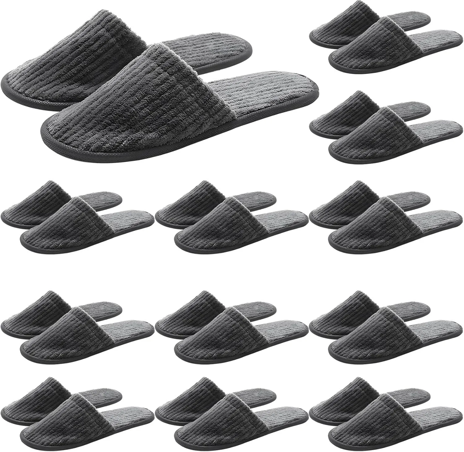 Non-Slip Coral Fleece Slippers, 12 Pairs, Disposable, Gray Stripe, Ideal For Hotels & Guestrooms