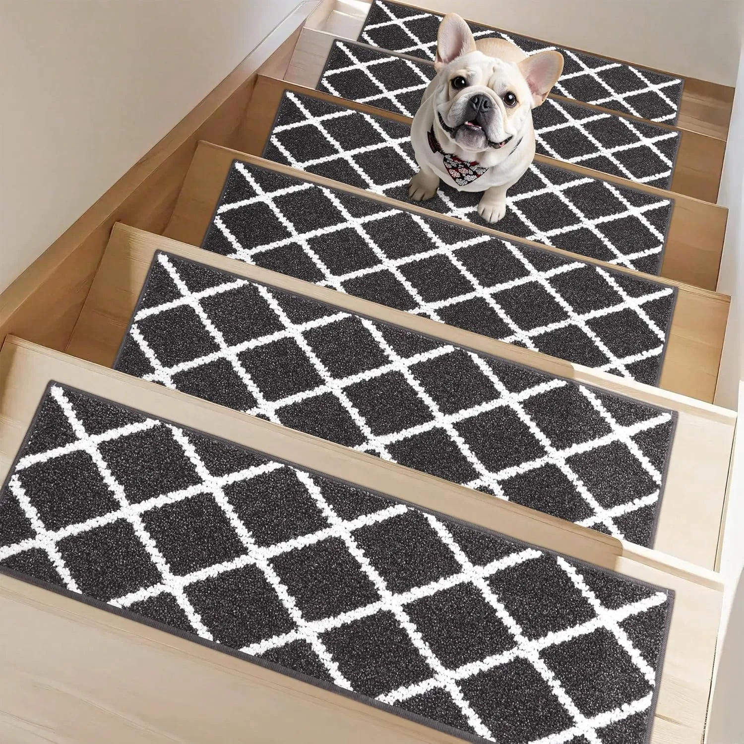 Non-Slip Stair Treads for Wooden Steps Indoor, 15 Pack 9" X 28" Edging Stair Carpet Mat with TPE Backing, 0.4" Thick Stair Runners for Kids Elders & Pets, 100% Polyester Soft Stair Rugs, Black