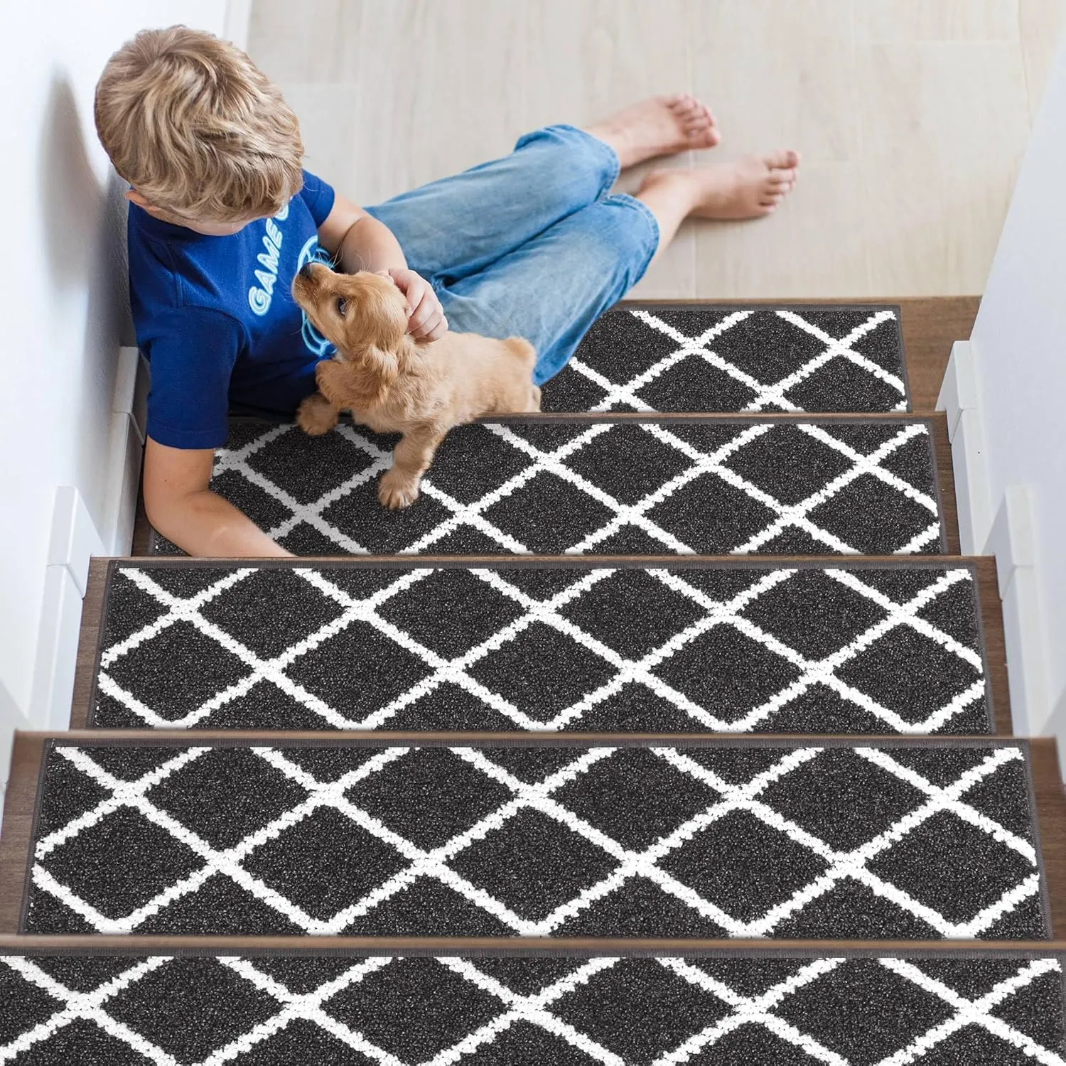 Non-Slip Stair Treads for Wooden Steps Indoor, 15 Pack 9" X 28" Edging Stair Carpet Mat with TPE Backing, 0.4" Thick Stair Runners for Kids Elders & Pets, 100% Polyester Soft Stair Rugs, Black