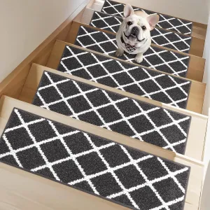 Non-Slip Stair Treads for Wooden Steps Indoor, 15 Pack 9" X 28" Edging Stair Carpet Mat with TPE Backing, 0.4" Thick Stair Runners for Kids Elders & Pets, 100% Polyester Soft Stair Rugs, Black