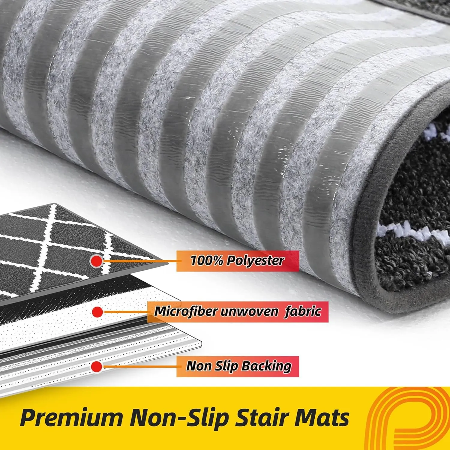 Non-Slip Stair Treads for Wooden Steps Indoor, 15 Pack 9" X 28" Edging Stair Carpet Mat with TPE Backing, 0.4" Thick Stair Runners for Kids Elders & Pets, 100% Polyester Soft Stair Rugs, Black