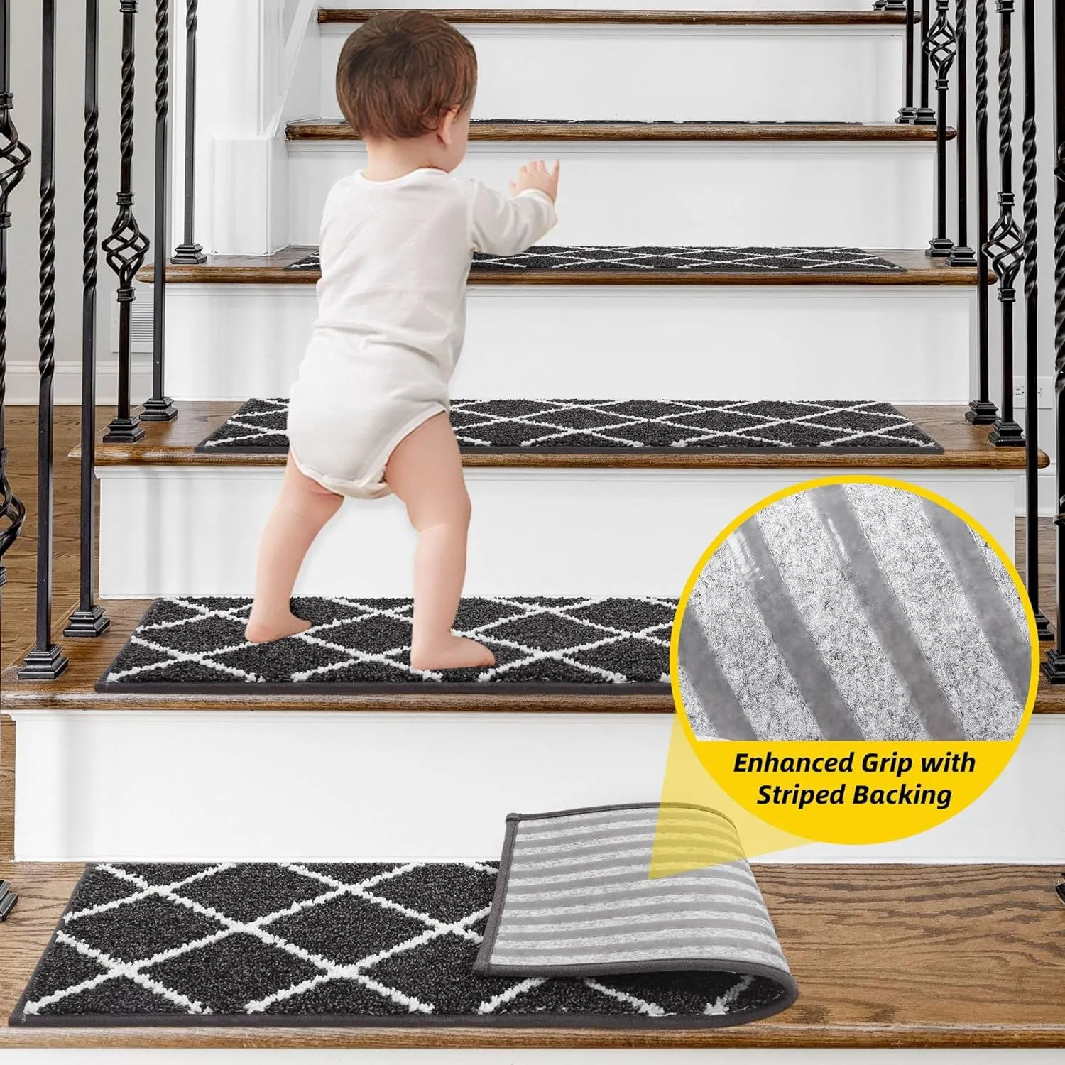 Non-Slip Stair Treads for Wooden Steps Indoor, 15 Pack 9" X 28" Edging Stair Carpet Mat with TPE Backing, 0.4" Thick Stair Runners for Kids Elders & Pets, 100% Polyester Soft Stair Rugs, Black