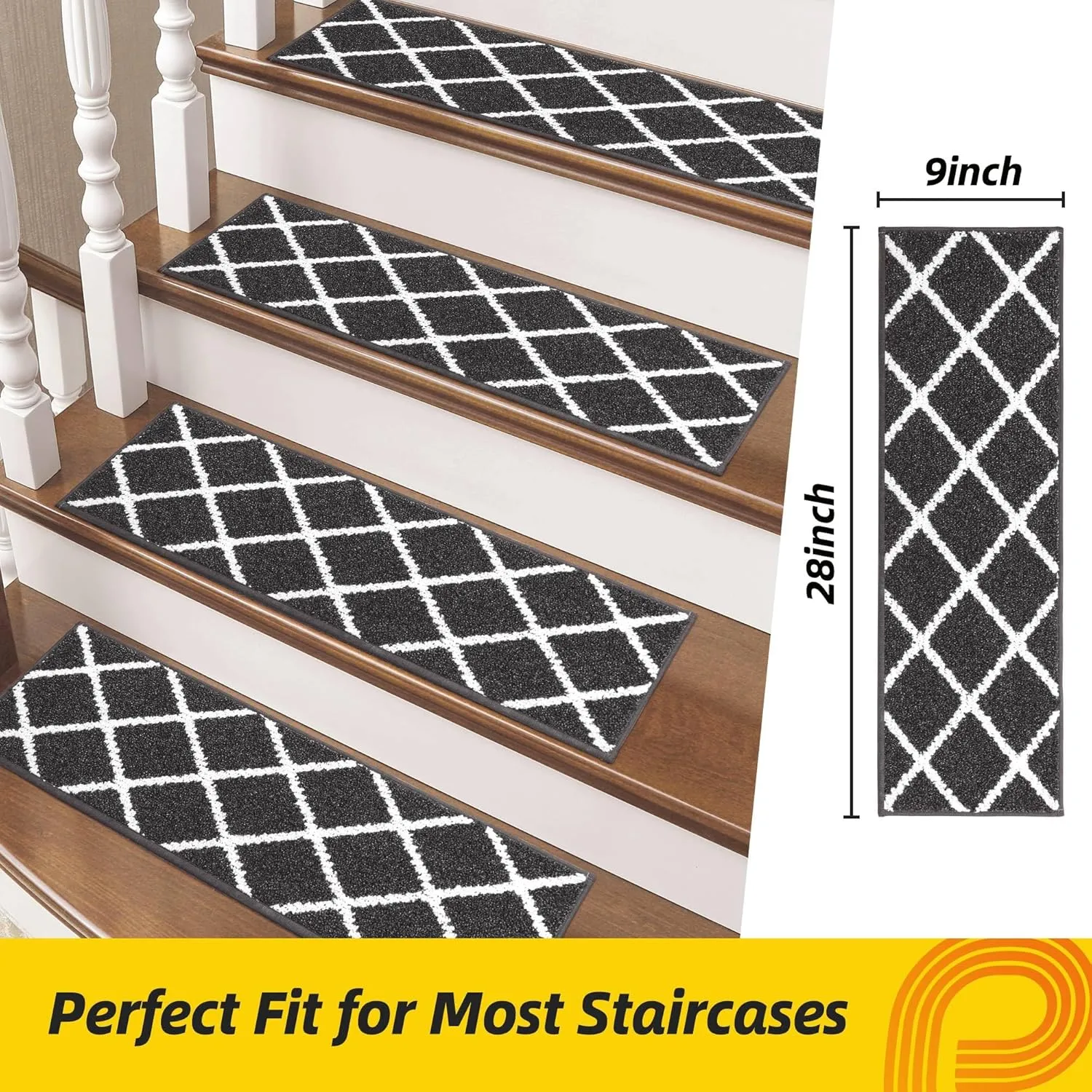 Non-Slip Stair Treads for Wooden Steps Indoor, 15 Pack 9" X 28" Edging Stair Carpet Mat with TPE Backing, 0.4" Thick Stair Runners for Kids Elders & Pets, 100% Polyester Soft Stair Rugs, Black