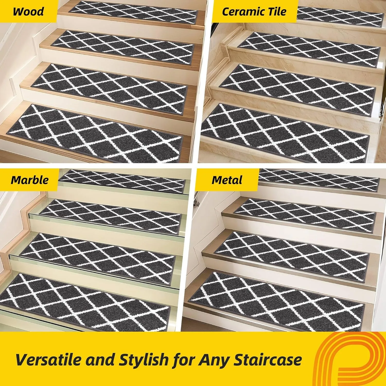 Non-Slip Stair Treads for Wooden Steps Indoor, 15 Pack 9" X 28" Edging Stair Carpet Mat with TPE Backing, 0.4" Thick Stair Runners for Kids Elders & Pets, 100% Polyester Soft Stair Rugs, Black