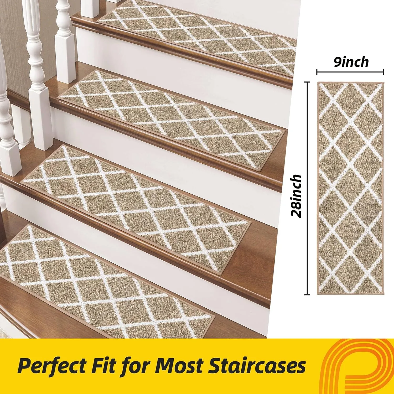 Non-Slip Stair Treads for Wooden Steps Indoor, 4 Pack 9" X 28" Edging Stair Carpet Mat with TPE Backing, 0.4" Thick Stair Runners for Kids Elders & Pets, 100% Polyester Soft Stair Rugs, Beige
