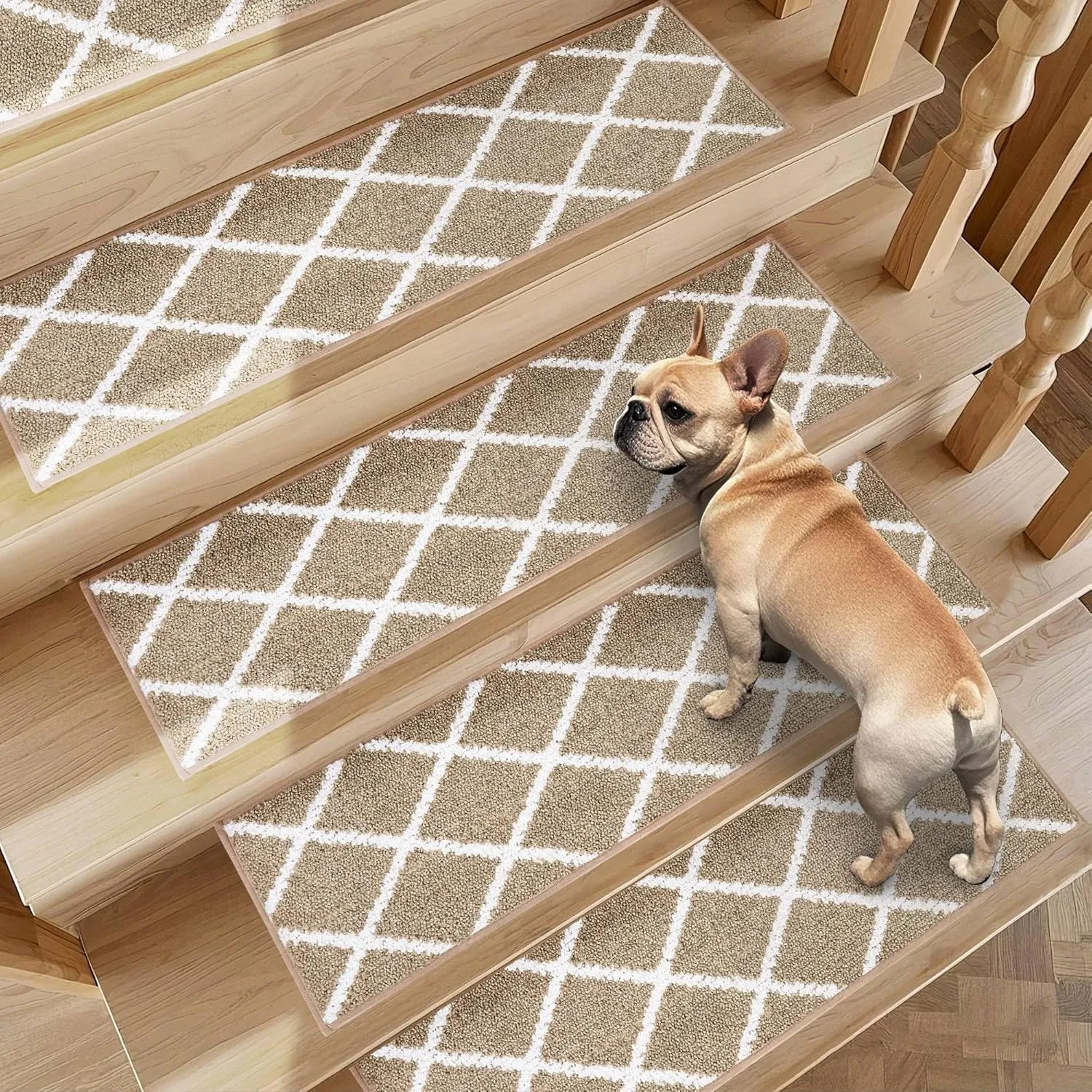Non-Slip Stair Treads for Wooden Steps Indoor, 4 Pack 9" X 28" Edging Stair Carpet Mat with TPE Backing, 0.4" Thick Stair Runners for Kids Elders & Pets, 100% Polyester Soft Stair Rugs, Beige