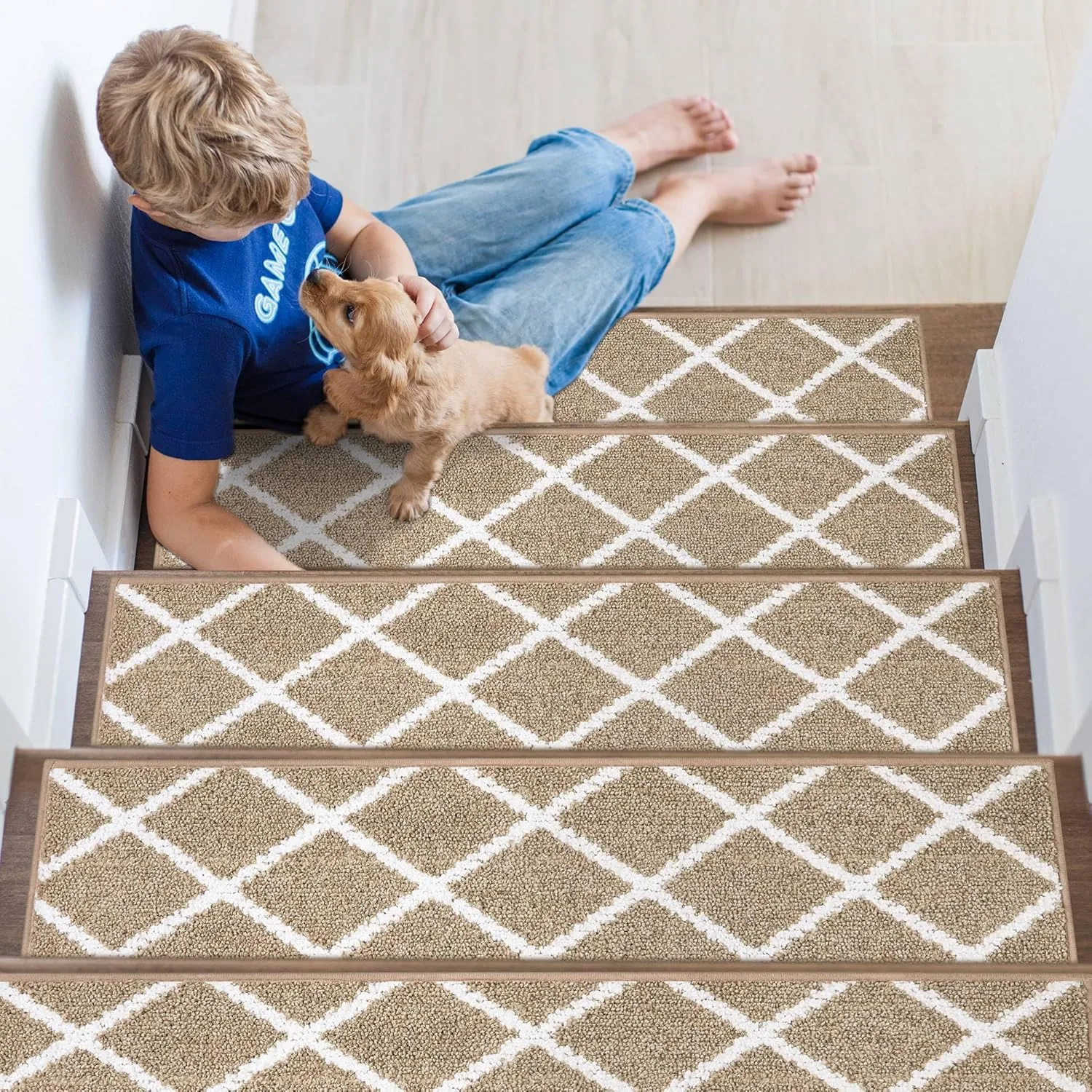 Non-Slip Stair Treads for Wooden Steps Indoor, 4 Pack 9" X 28" Edging Stair Carpet Mat with TPE Backing, 0.4" Thick Stair Runners for Kids Elders & Pets, 100% Polyester Soft Stair Rugs, Beige