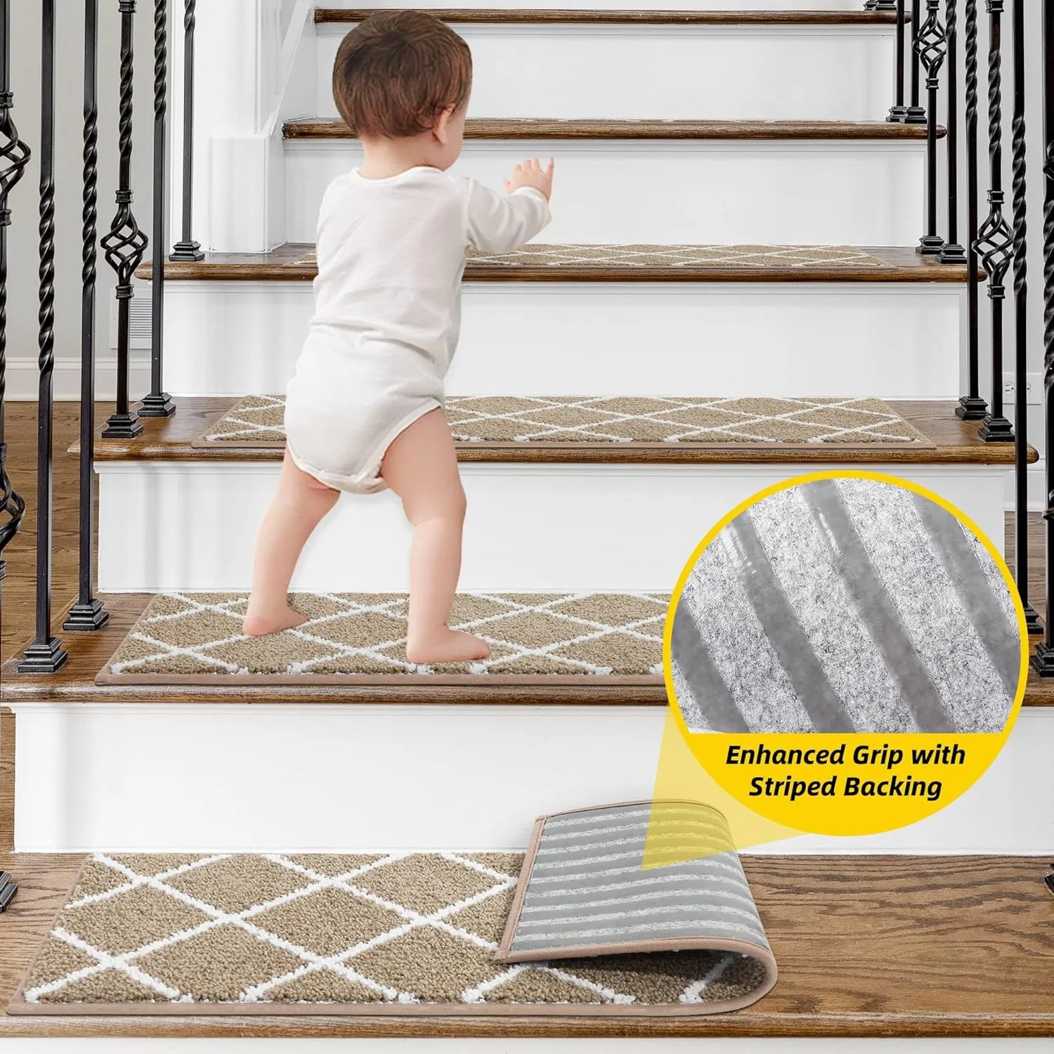 Non-Slip Stair Treads for Wooden Steps Indoor, 4 Pack 9" X 28" Edging Stair Carpet Mat with TPE Backing, 0.4" Thick Stair Runners for Kids Elders & Pets, 100% Polyester Soft Stair Rugs, Beige