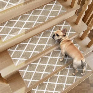 Non-Slip Stair Treads for Wooden Steps Indoor, 4 Pack 9" X 28" Edging Stair Carpet Mat with TPE Backing, 0.4" Thick Stair Runners for Kids Elders & Pets, 100% Polyester Soft Stair Rugs, Beige