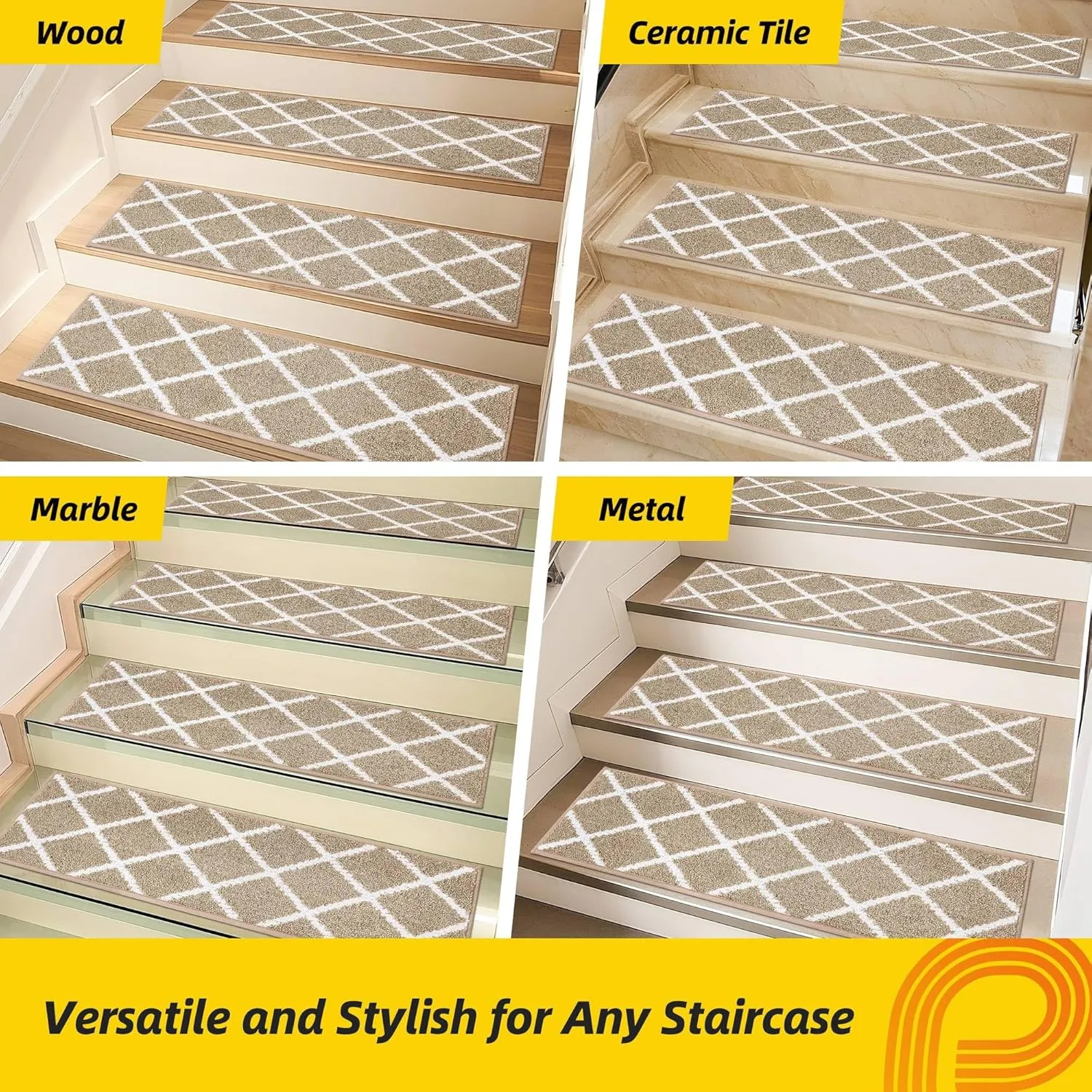 Non-Slip Stair Treads for Wooden Steps Indoor, 4 Pack 9" X 28" Edging Stair Carpet Mat with TPE Backing, 0.4" Thick Stair Runners for Kids Elders & Pets, 100% Polyester Soft Stair Rugs, Beige