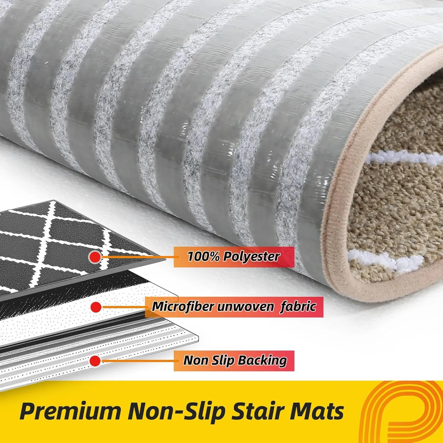 Non-Slip Stair Treads for Wooden Steps Indoor, 4 Pack 9" X 28" Edging Stair Carpet Mat with TPE Backing, 0.4" Thick Stair Runners for Kids Elders & Pets, 100% Polyester Soft Stair Rugs, Beige