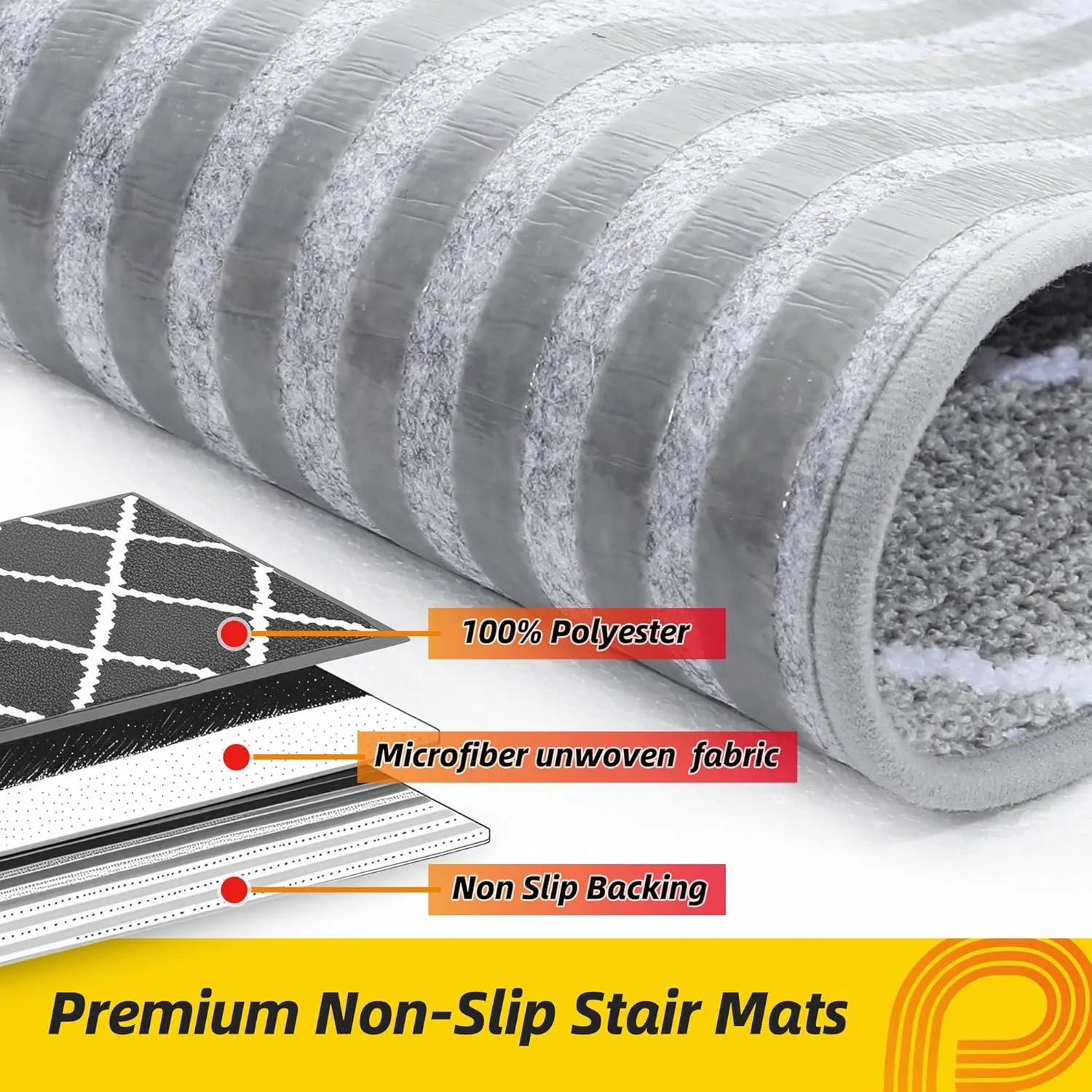 Non-Slip Stair Treads for Wooden Steps Indoor, 4 Pack 9" X 28" Edging Stair Carpet Mat with TPE Backing, 0.4" Thick Stair Runners for Kids Elders & Pets, 100% Polyester Soft Stair Rugs, Grey