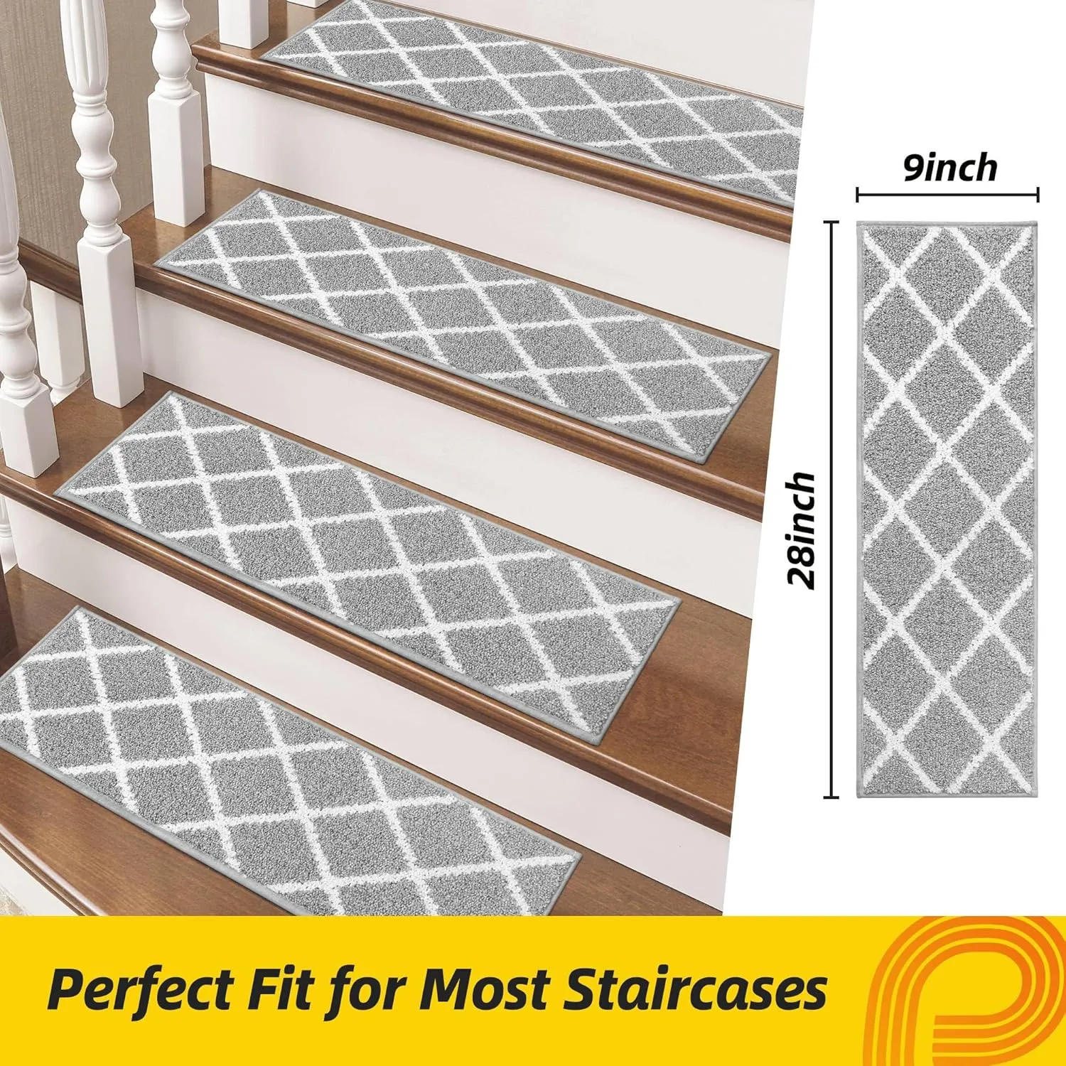 Non-Slip Stair Treads for Wooden Steps Indoor, 4 Pack 9" X 28" Edging Stair Carpet Mat with TPE Backing, 0.4" Thick Stair Runners for Kids Elders & Pets, 100% Polyester Soft Stair Rugs, Grey