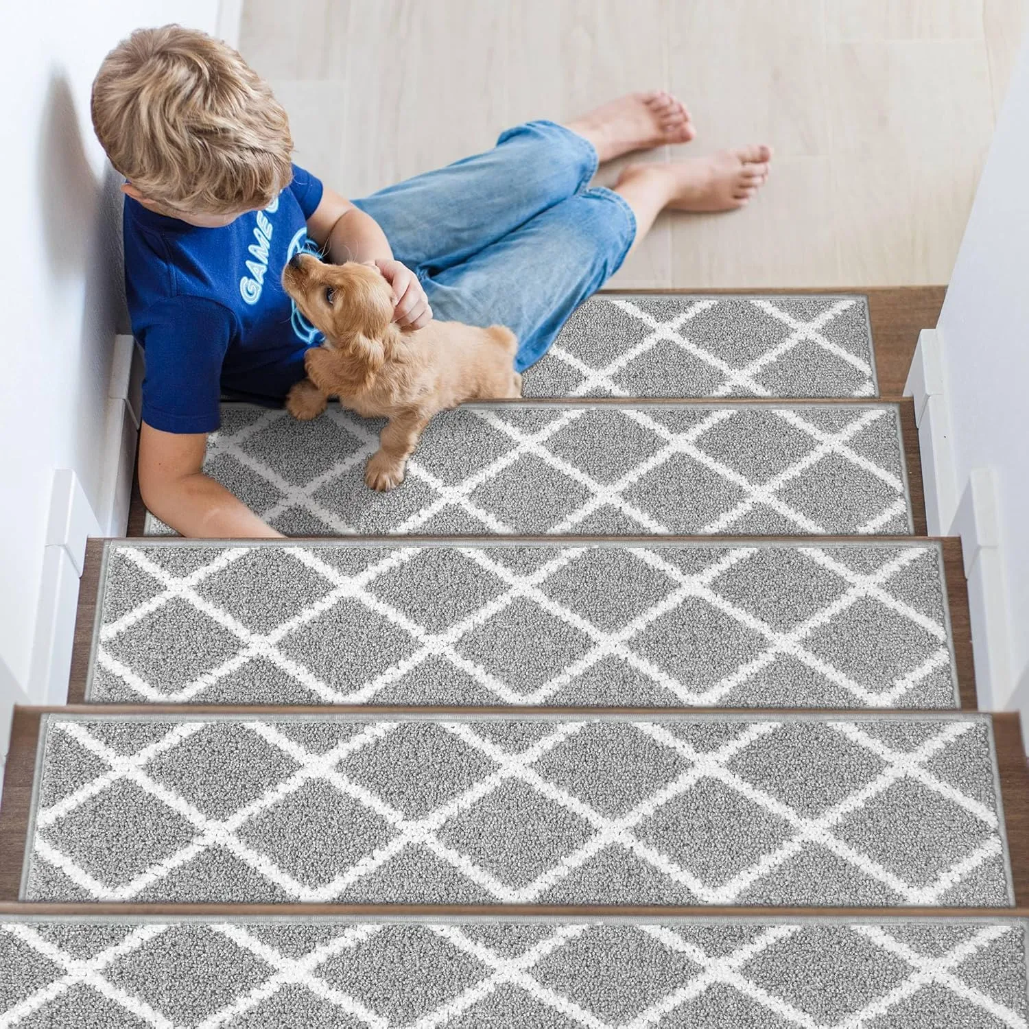 Non-Slip Stair Treads for Wooden Steps Indoor, 4 Pack 9" X 28" Edging Stair Carpet Mat with TPE Backing, 0.4" Thick Stair Runners for Kids Elders & Pets, 100% Polyester Soft Stair Rugs, Grey