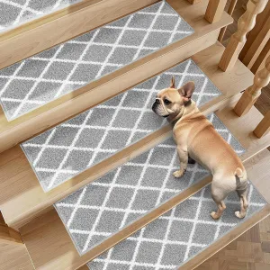 Non-Slip Stair Treads for Wooden Steps Indoor, 4 Pack 9" X 28" Edging Stair Carpet Mat with TPE Backing, 0.4" Thick Stair Runners for Kids Elders & Pets, 100% Polyester Soft Stair Rugs, Grey