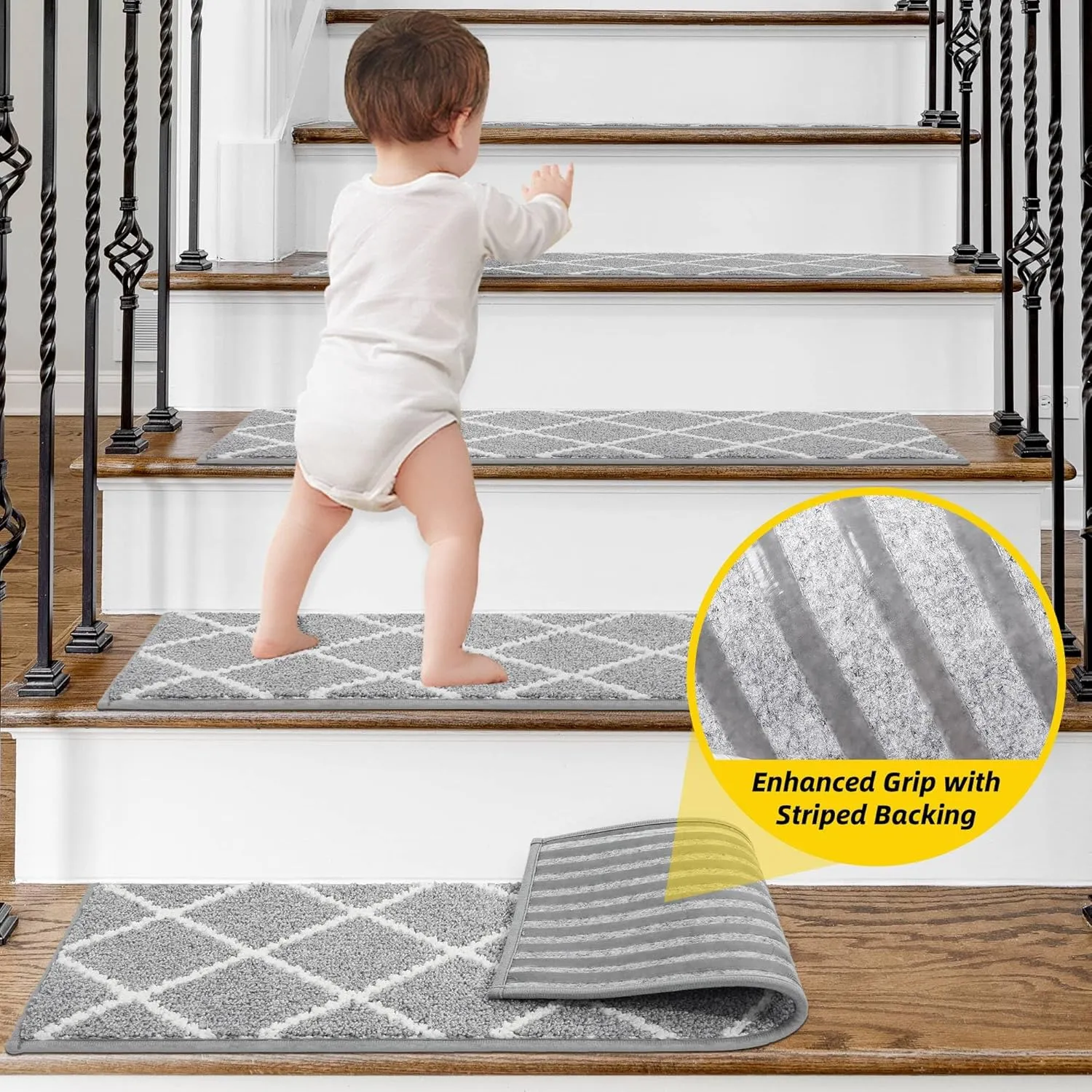 Non-Slip Stair Treads for Wooden Steps Indoor, 4 Pack 9" X 28" Edging Stair Carpet Mat with TPE Backing, 0.4" Thick Stair Runners for Kids Elders & Pets, 100% Polyester Soft Stair Rugs, Grey