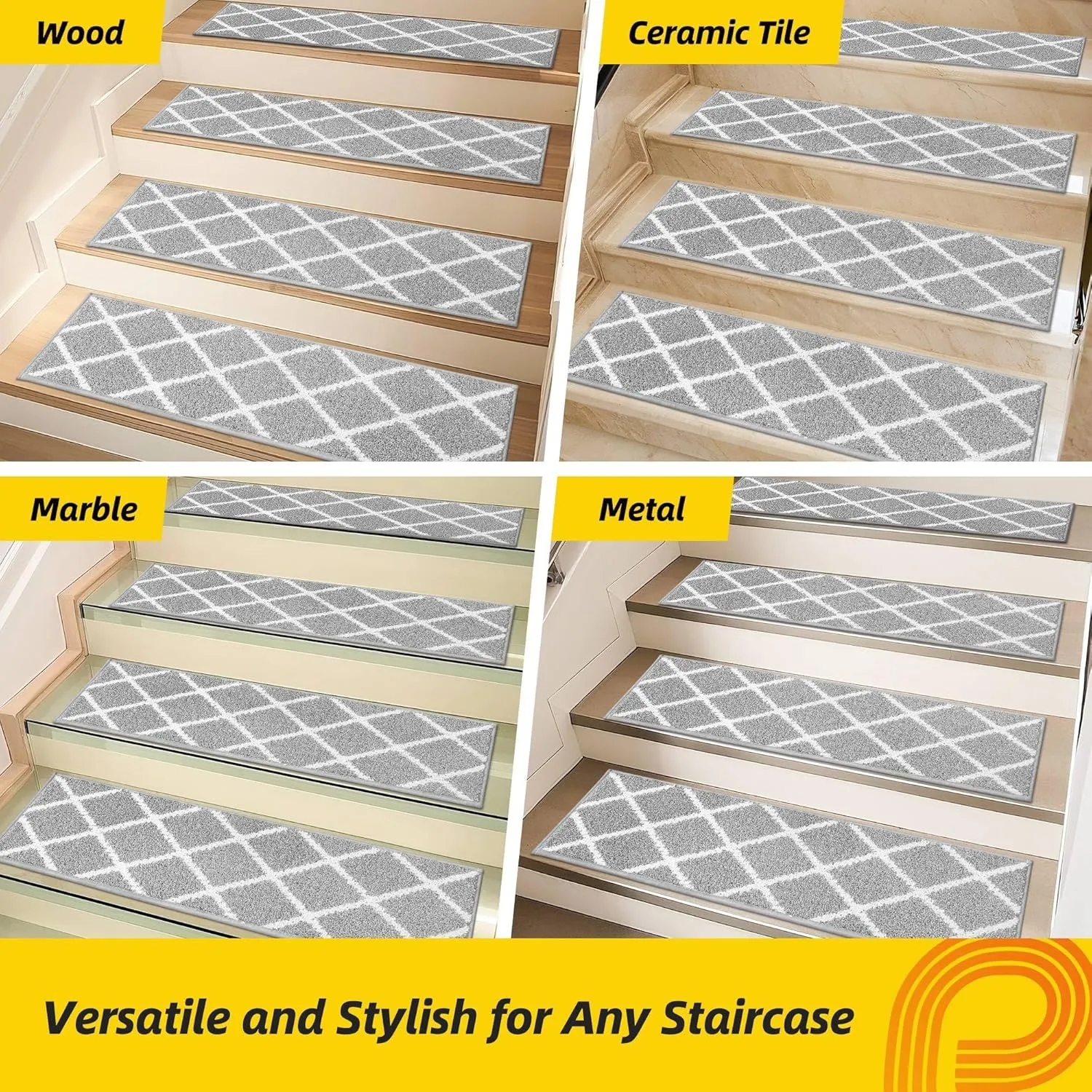 Non-Slip Stair Treads for Wooden Steps Indoor, 4 Pack 9" X 28" Edging Stair Carpet Mat with TPE Backing, 0.4" Thick Stair Runners for Kids Elders & Pets, 100% Polyester Soft Stair Rugs, Grey