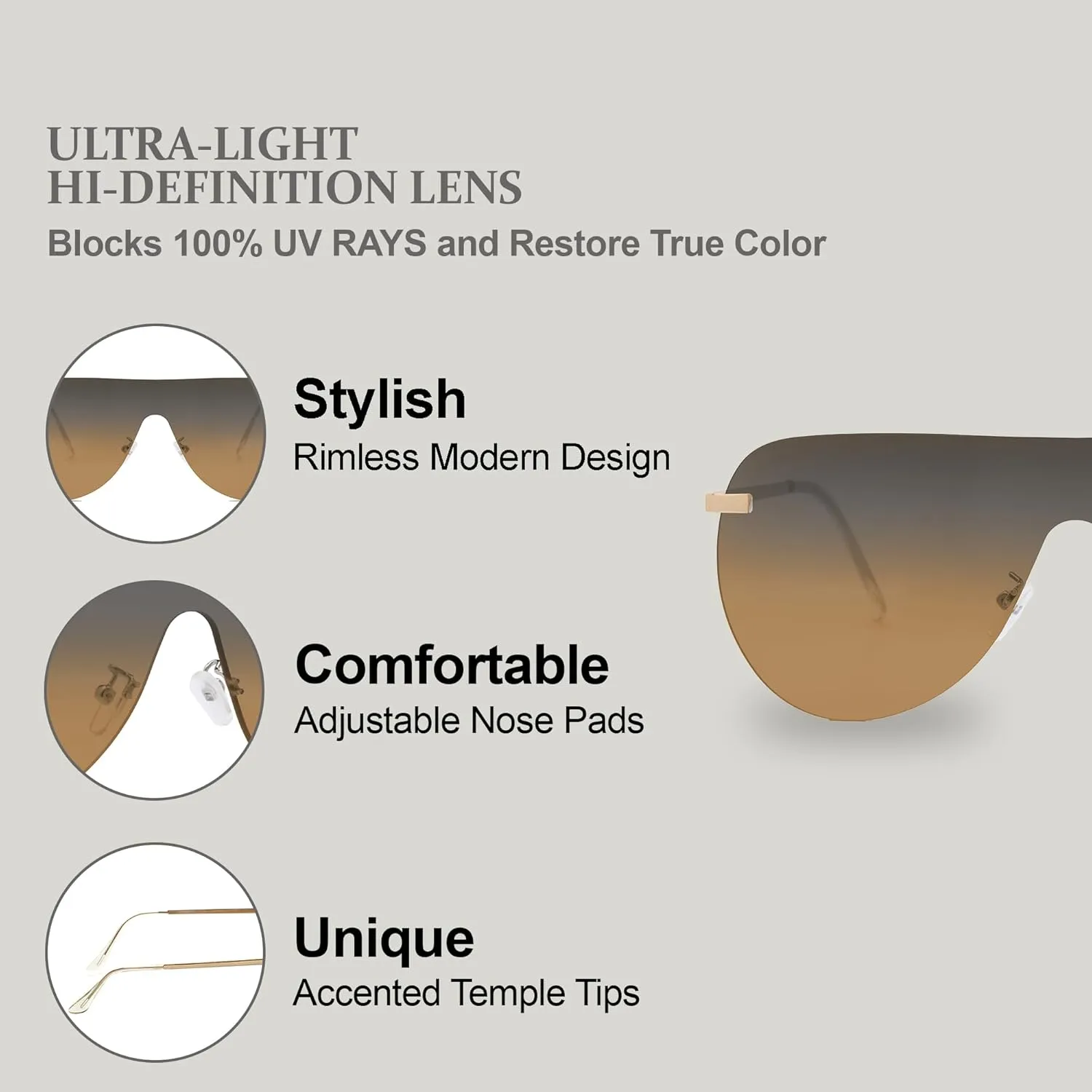 NYS Collection Rimless Oversized Flat Top Shield Sunglasses for Men Women – Aviator Style, 100% UV400 Protection