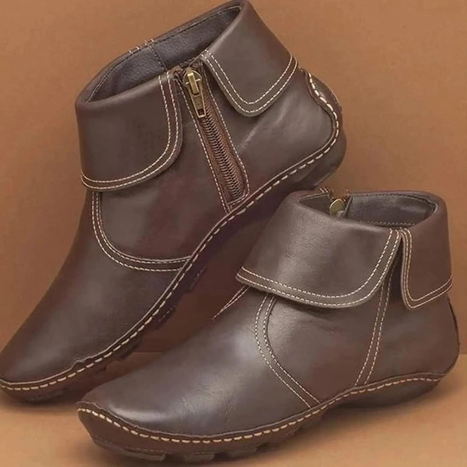oiangi Flat Ankle Boots for Women Fahion Casual Solid Color Round Toe Quilted Zipper Non-Slip Leather Short Booties Comfy Lightweight Modern Boots Shoes