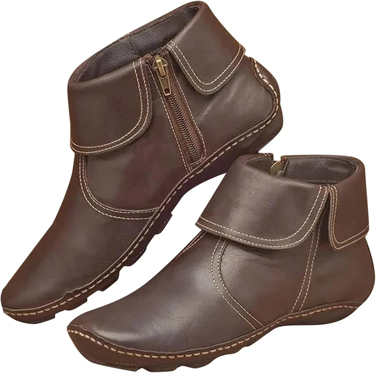 oiangi Flat Ankle Boots for Women Fahion Casual Solid Color Round Toe Quilted Zipper Non-Slip Leather Short Booties Comfy Lightweight Modern Boots Shoes