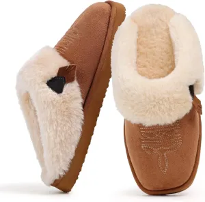 OOW Western Fluffy Slippers for Women with Memory Foam Comfy Houes Cowgirl Boot Slippers for Bedroom Indoor Square Toe