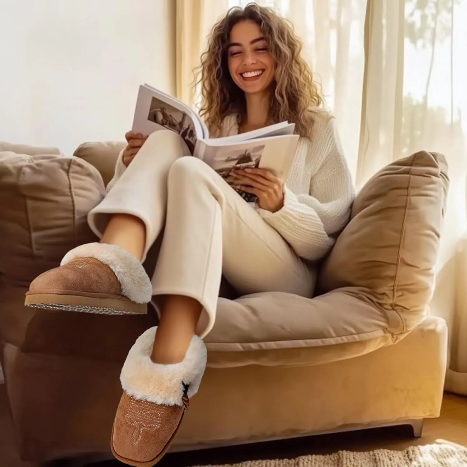 OOW Western Fluffy Slippers for Women with Memory Foam Comfy Houes Cowgirl Boot Slippers for Bedroom Indoor Square Toe