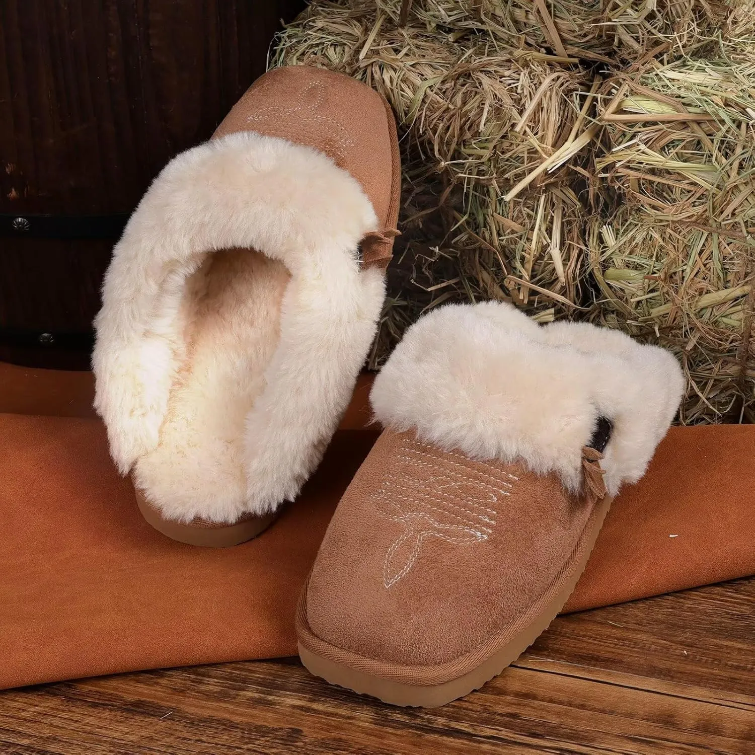 OOW Western Fluffy Slippers for Women with Memory Foam Comfy Houes Cowgirl Boot Slippers for Bedroom Indoor Square Toe