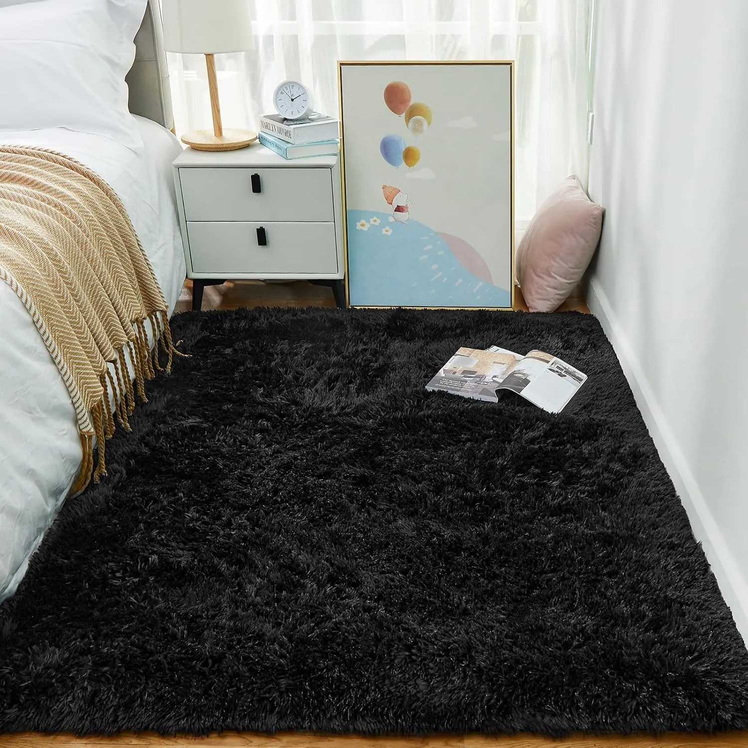Ophanie Black Area Rugs for Bedroom Living Room, 4x6 Fluffy Fuzzy Shag Shaggy Carpet Soft Plush Furry Bedside Rug, Indoor Floor Rug for Kids Girls Boys Home Decor Aesthetic, Dorm Nursery