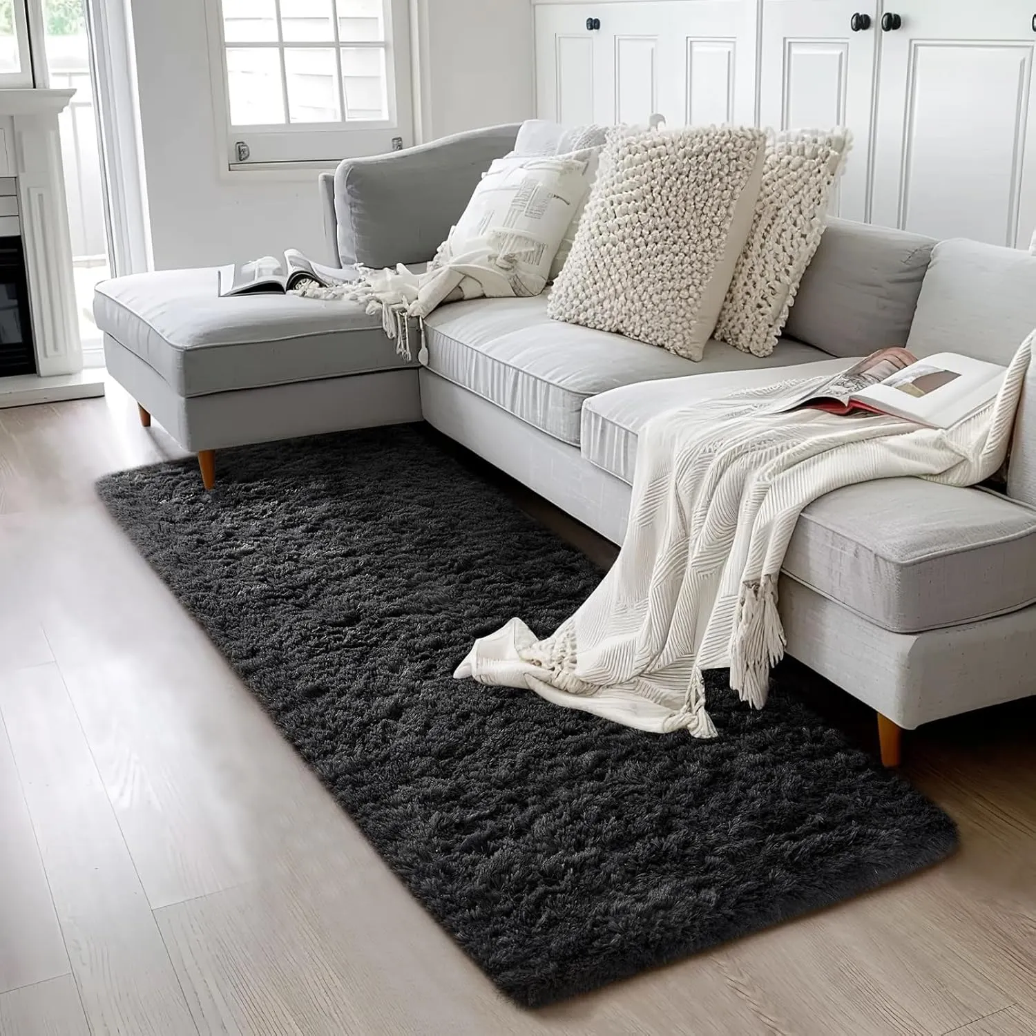 Ophanie Upgrade 2x6 Runner Rugs for Bedroom, Black, Fluffy Shaggy Soft Area Rug, Gray Non-Slip Indoor Floor Carpet for Living Room, Kids Baby Boys Teen Dorm Home Decor Aesthetic, Nursery, Rug