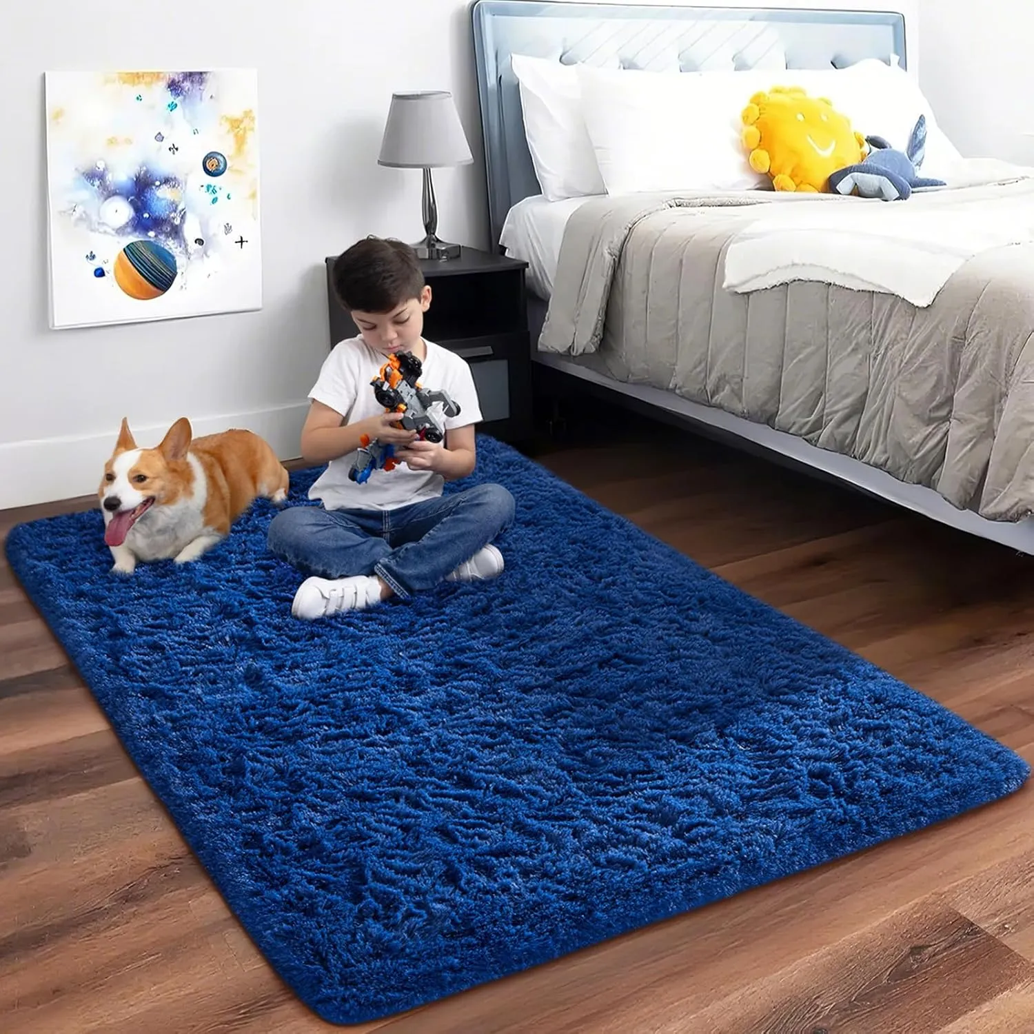 Ophanie Upgrade 3x5 Rugs for Bedroom, Blue, Fluffy Shaggy Soft Area Rug, Gray Non-Slip Indoor Floor Carpet for Living Room, Kids Baby Boys Teen Dorm Home Decor Aesthetic, Nursery, Rug