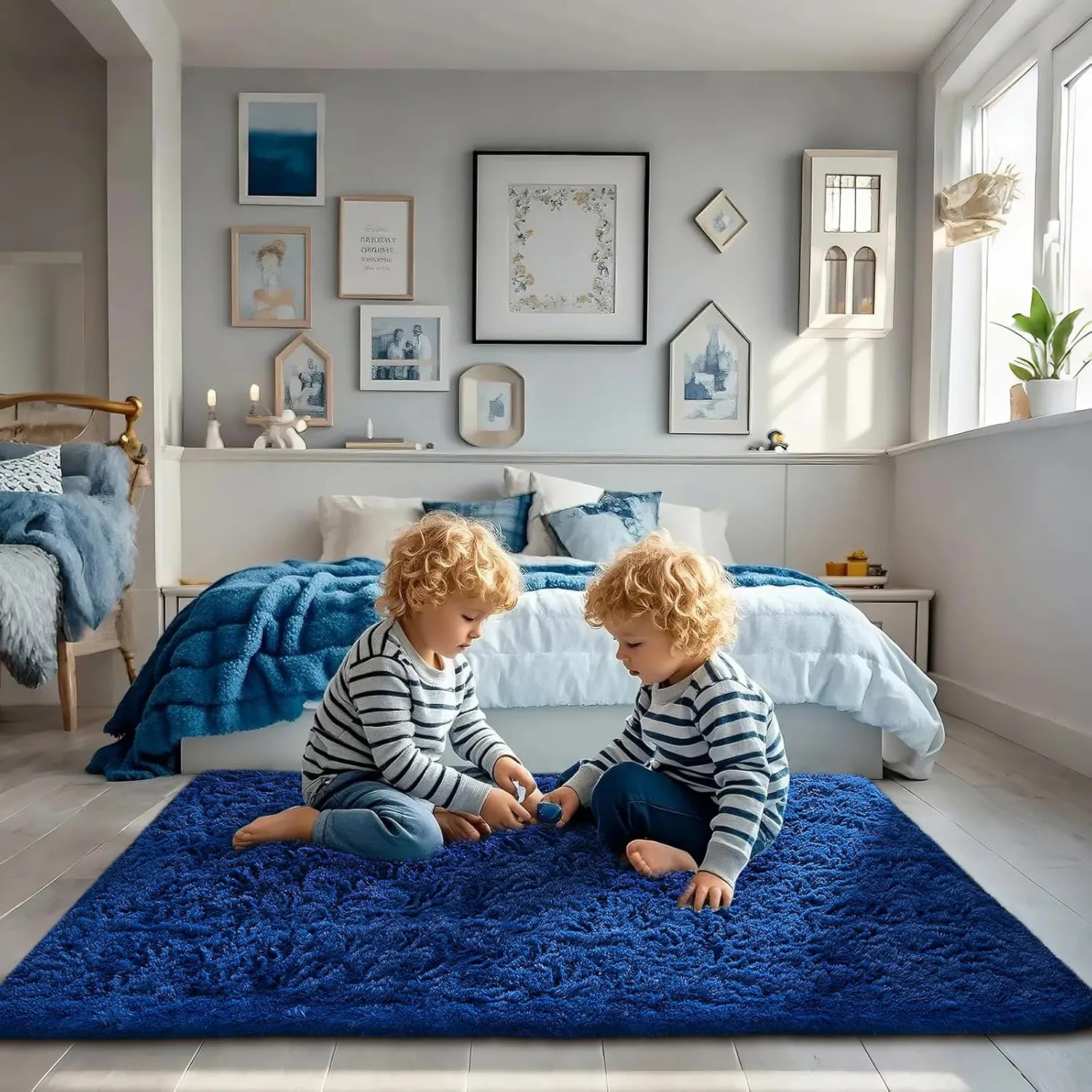 Ophanie Upgrade 3x5 Rugs for Bedroom, Blue, Fluffy Shaggy Soft Area Rug, Gray Non-Slip Indoor Floor Carpet for Living Room, Kids Baby Boys Teen Dorm Home Decor Aesthetic, Nursery, Rug
