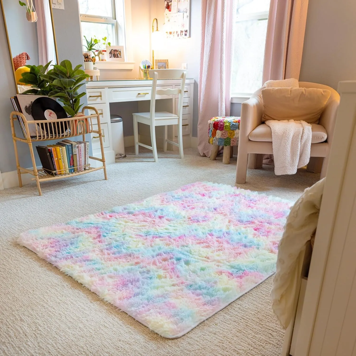 Ophanie Upgrade 4x6 Rugs for Bedroom, Rainbow Fluffy Shaggy Soft Area Rug, Non-Slip Indoor Floor Carpet for Living Room, Kids Baby Boys Teen Dorm Home Decor Aesthetic, Nursery