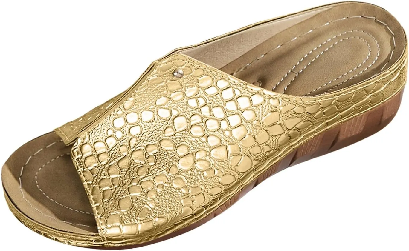 Orthopedic Sandals for Womens Arch Support Crocodile Pattern Dressy Leather Sandal Slip On Casual Open Toe Non-Slip Comfortable Shoes Summer Spring Stylish Beach Visits Festivals Party Shoe