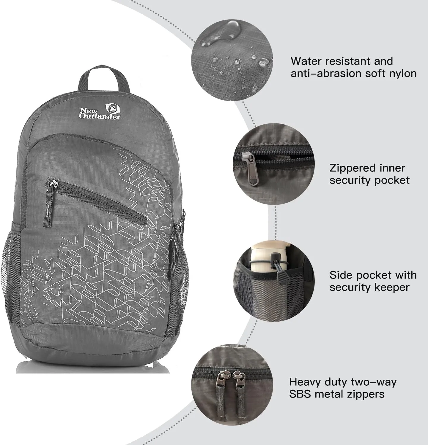 Outlander Packable Handy Lightweight Travel Hiking Backpack Daypack, Grey