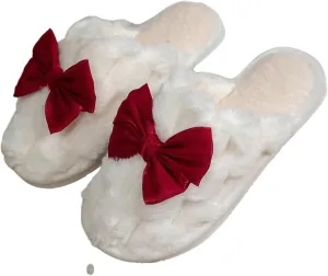 OYOANGLE Women's Bowknot Closed Toe Fuzzy Slippers Slip On Flat Furry Comfy Indoor House Slippers