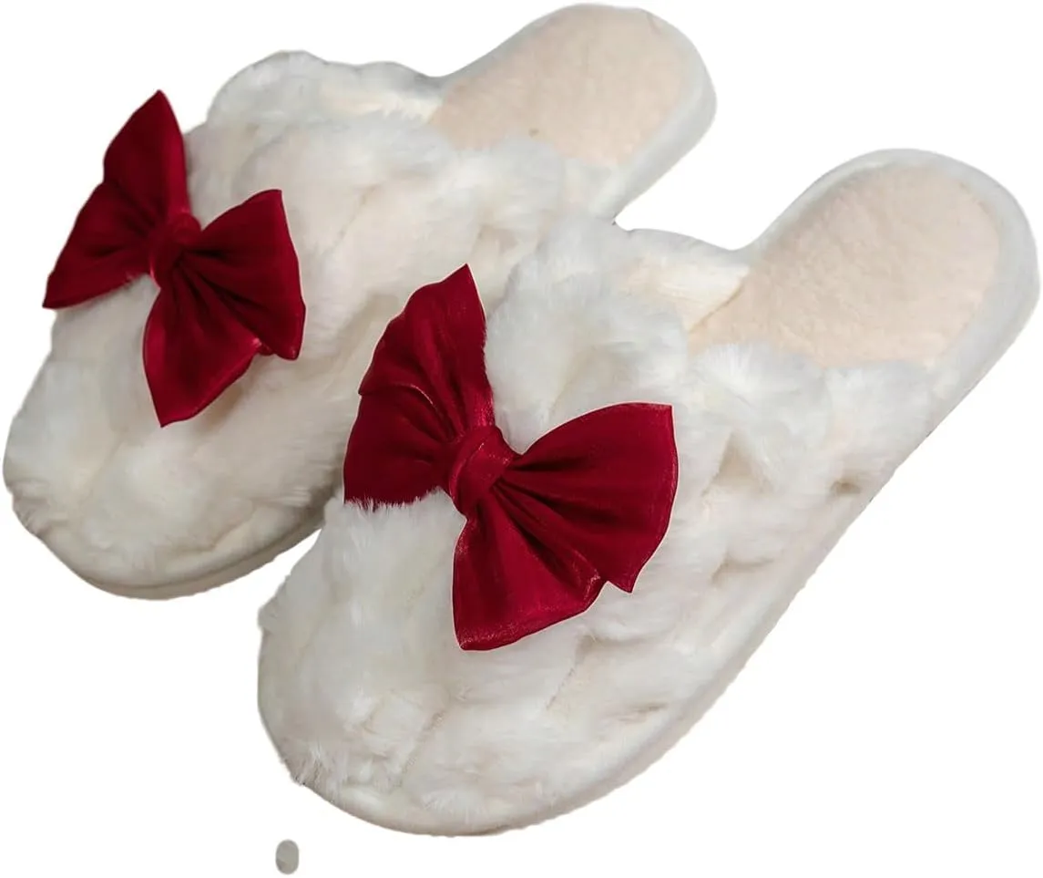 OYOANGLE Women's Bowknot Closed Toe Fuzzy Slippers Slip On Flat Furry Comfy Indoor House Slippers