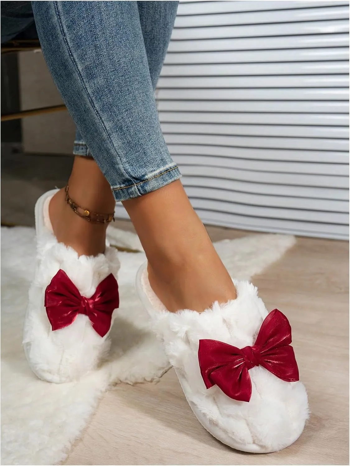 OYOANGLE Women's Bowknot Closed Toe Fuzzy Slippers Slip On Flat Furry Comfy Indoor House Slippers
