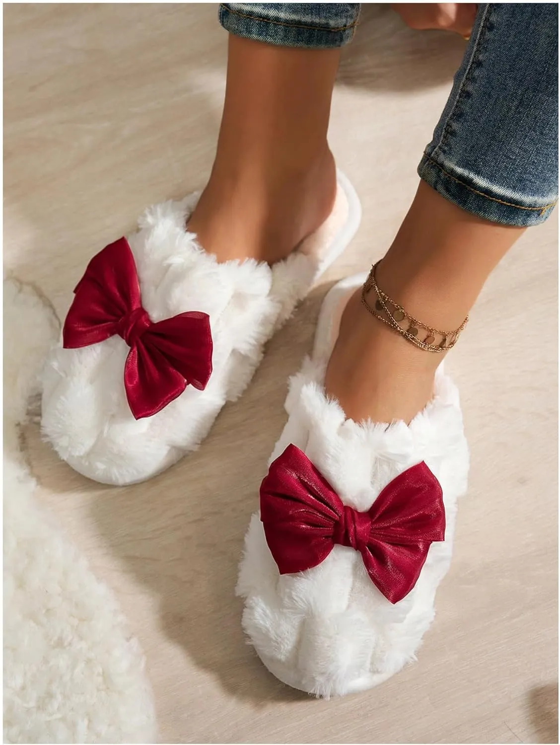 OYOANGLE Women's Bowknot Closed Toe Fuzzy Slippers Slip On Flat Furry Comfy Indoor House Slippers