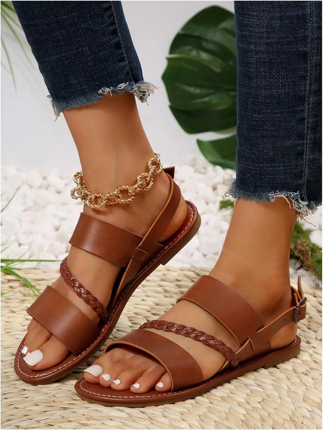 OYOANGLE Women's Braided Open Toe Flat Sandals PU Leather Holiday Sandal with Back Strap
