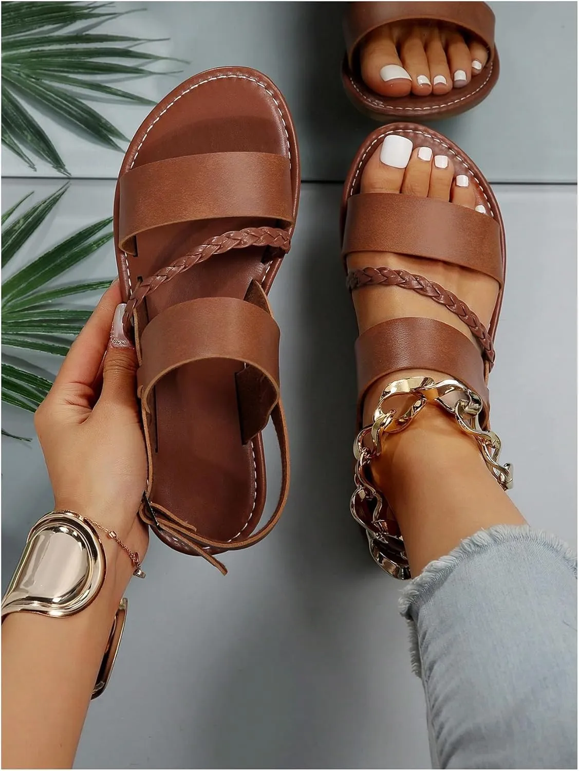 OYOANGLE Women's Braided Open Toe Flat Sandals PU Leather Holiday Sandal with Back Strap