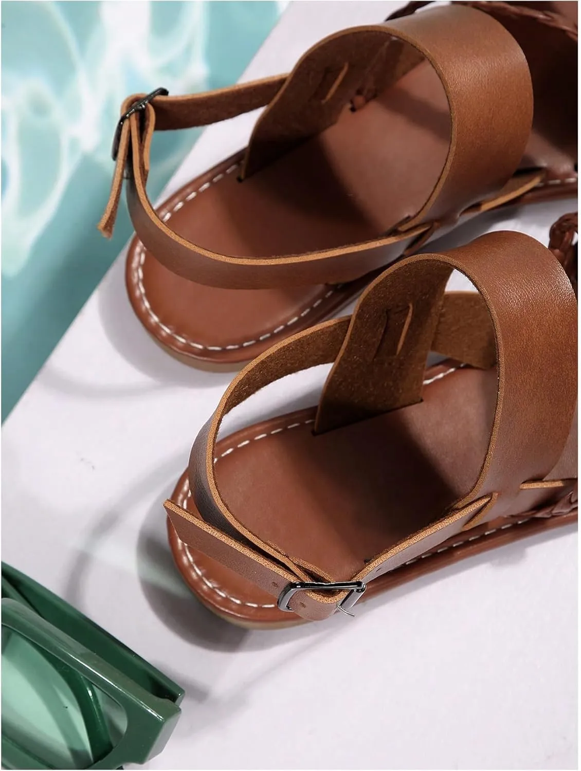 OYOANGLE Women's Braided Open Toe Flat Sandals PU Leather Holiday Sandal with Back Strap