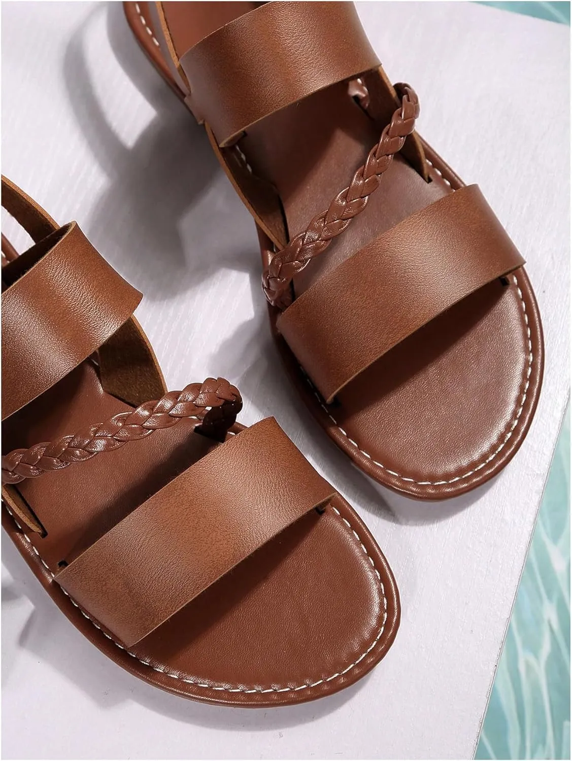 OYOANGLE Women's Braided Open Toe Flat Sandals PU Leather Holiday Sandal with Back Strap