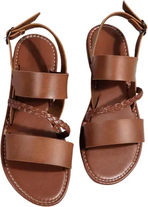 OYOANGLE Women's Braided Open Toe Flat Sandals PU Leather Holiday Sandal with Back Strap