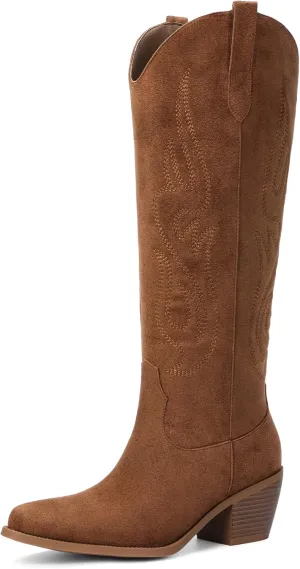 Pasuot Western Cowboy Boots for Women - Knee High Wide Calf Cowgirl Boots with Classic Embroidered, Slip On Pointed Toe Chunky Heel Fashion Retro Classic Pull On Tall Boot for Girls Ladies Fall Winter