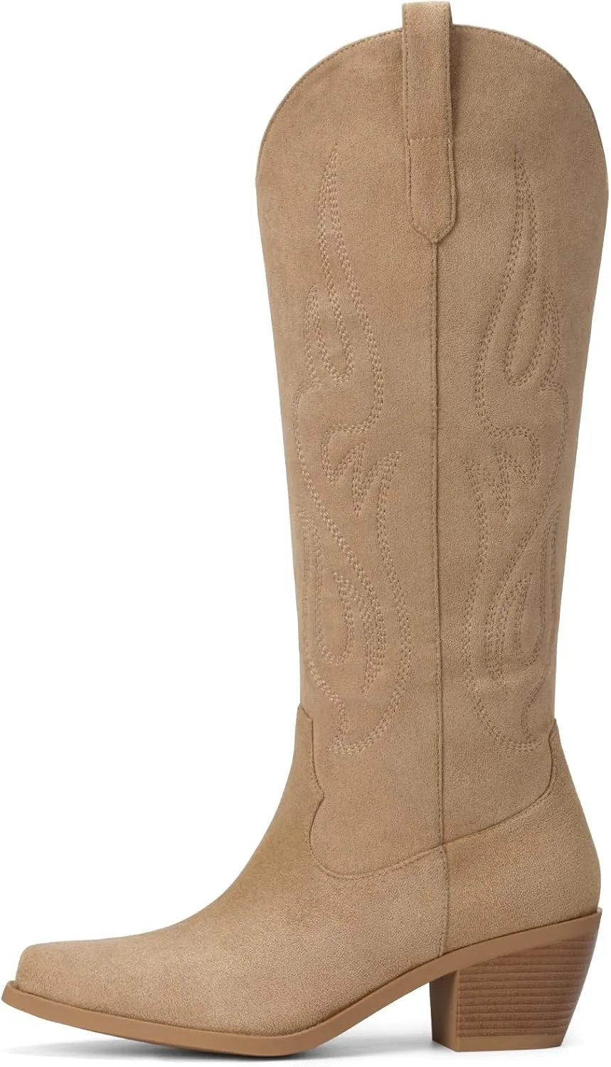 Pasuot Western Cowboy Boots for Women - Knee High Wide Calf Cowgirl Boots with Classic Embroidered, Slip On Pointed Toe Chunky Heel Fashion Retro Classic Pull On Tall Boot for Girls Ladies Fall Winter