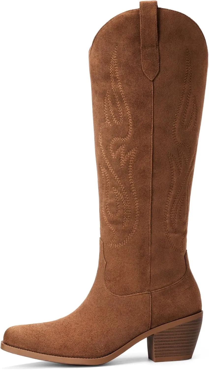Pasuot Western Cowboy Boots for Women - Knee High Wide Calf Cowgirl Boots with Classic Embroidered, Slip On Pointed Toe Chunky Heel Fashion Retro Classic Pull On Tall Boot for Girls Ladies Fall Winter
